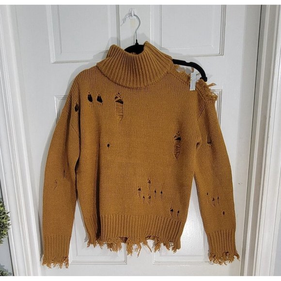 Kut From The Kloth‎ Womens Camel Viola Destructed Turtleneck Sweater Size XS - Picture 4 of 10